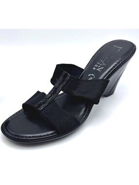 Italian Shoemakers Black Wedge Sandals Size 8 Beaded Accent Elastic Straps